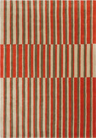 Brink & Campman Decor Pilar Coral rug in coral red with olive green and cream stripes, top view