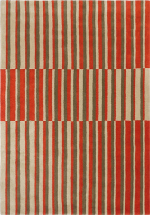 Brink & Campman Decor Pilar Coral tapijt in koraalrood met strepen in olijfgroen en crème, bovenaanzicht