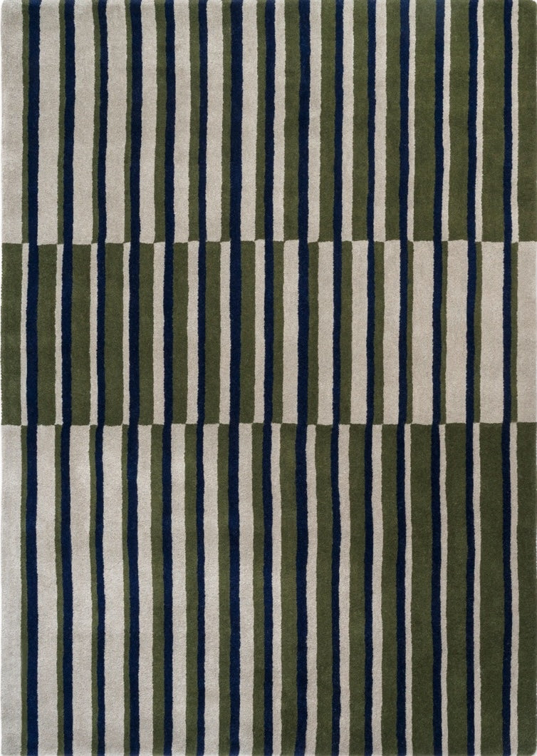 Tapis Brink & Campman Decor Pilar Moss vert mousse à rayures bleu marine et gris clair, vue de dessus