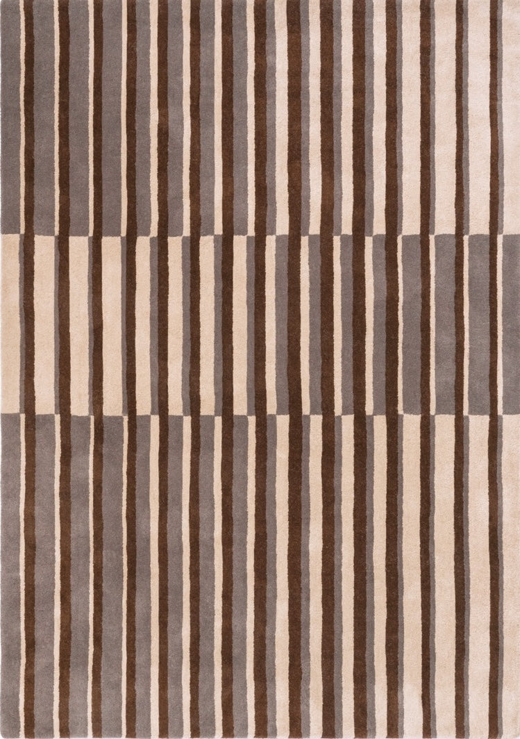 Brink & Campman Decor Pilar Taupe tapijt in taupe met strepen in chocoladebruin en crème, bovenaanzicht