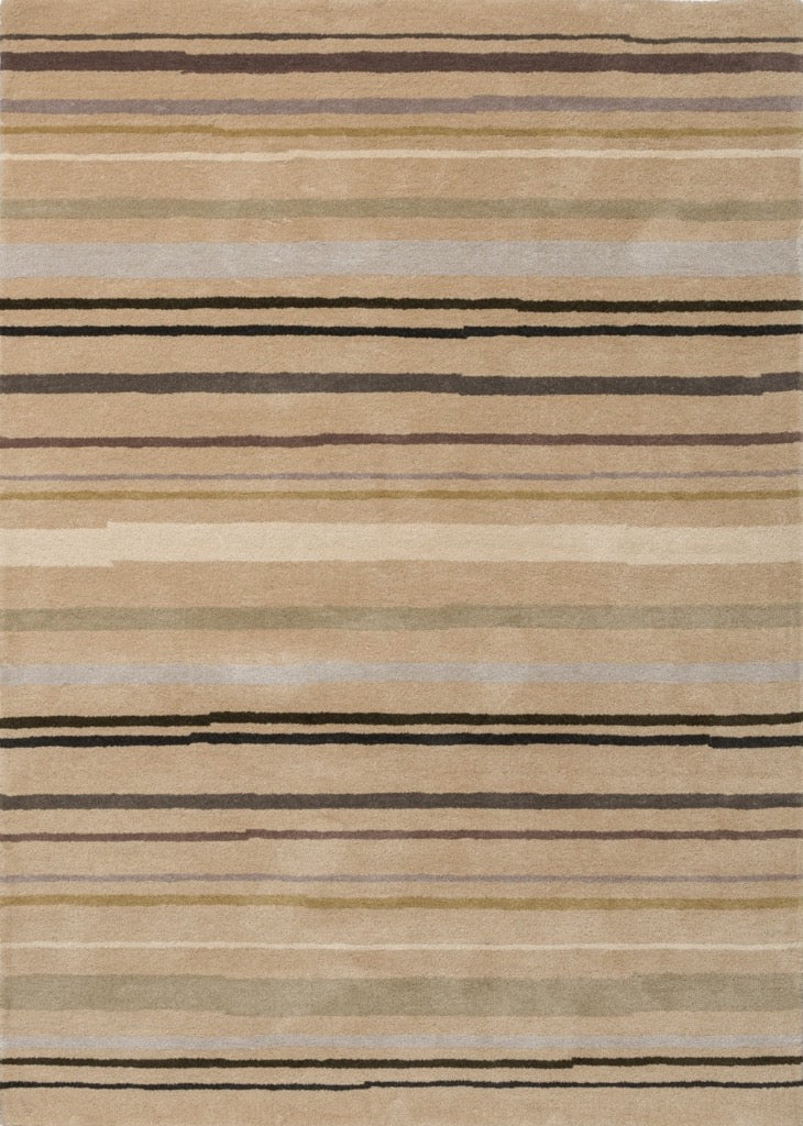 Striped rug with horizontal lines in beige, brown, and black on a beige background