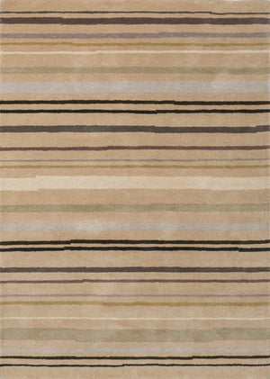 Striped rug with horizontal lines in beige, brown, and black on a beige background