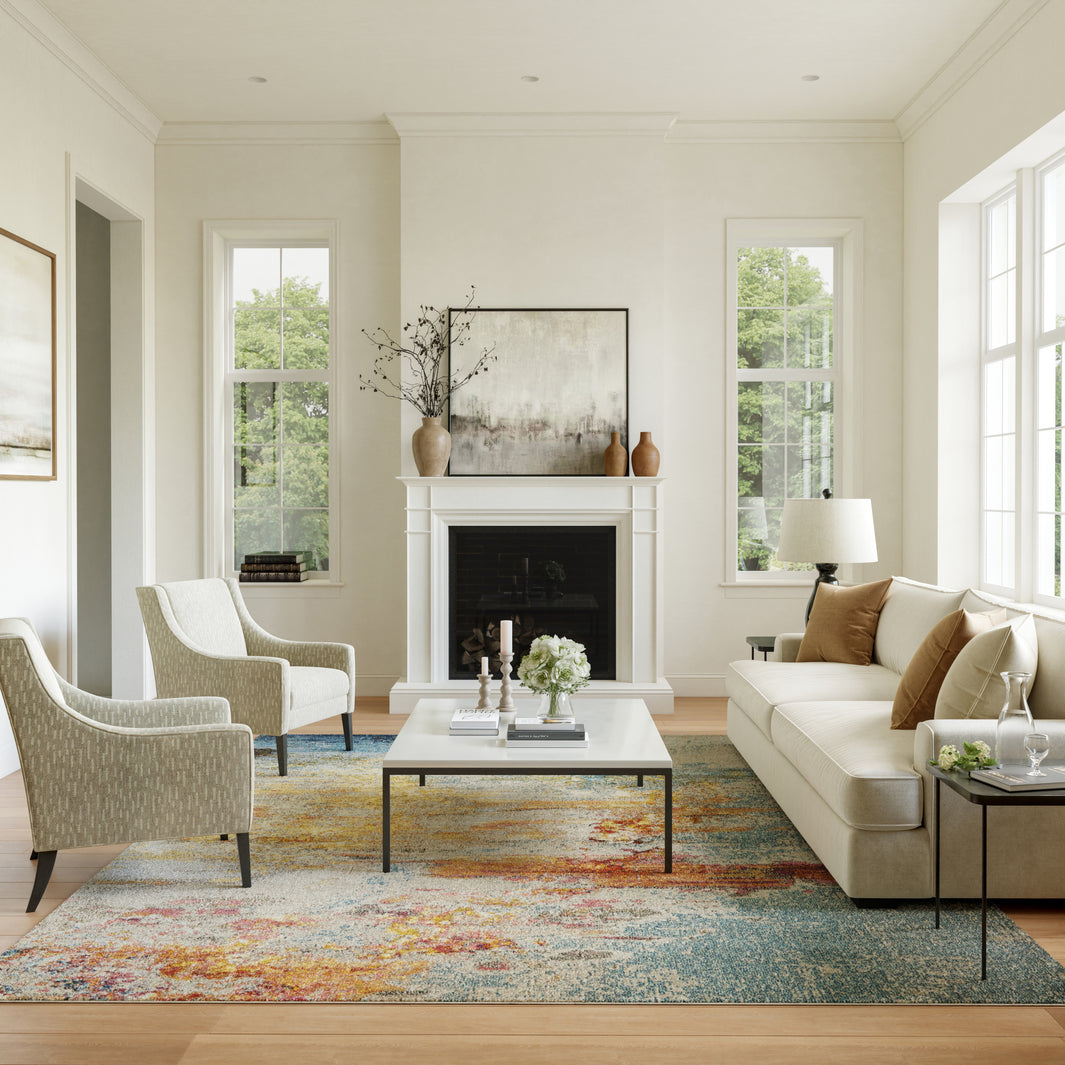 Nourison Celestial Sealife pastel rug in modern living room - easy-care synthetic area rug