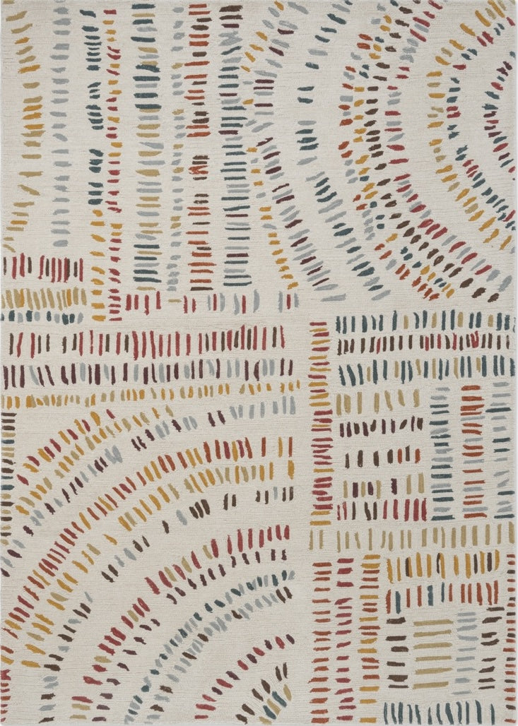 Tapis Harlequin Frescoes Amber ivoire aux traits ambre, rouille et bleu canard, vue de dessus