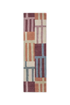 Tapis de couloir Harlequin Monolith Cinnabar Amber orange brûlé, lie de vin et bleu denim, vue de dessus