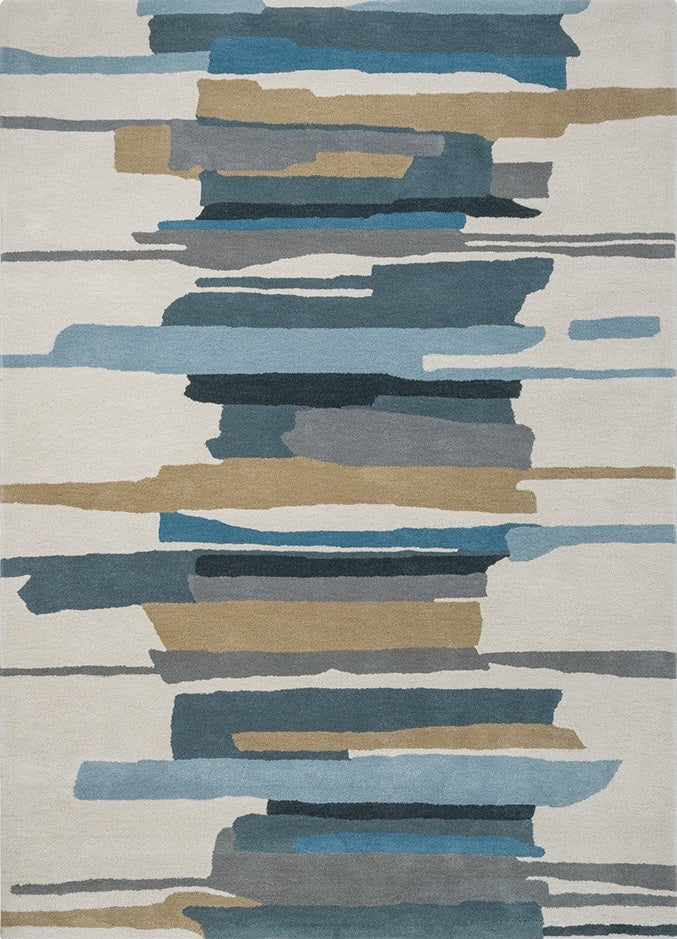 Tapis Harlequin Zeal Indigo ivoire aux coups de pinceau bleus et ocre, vue de dessus