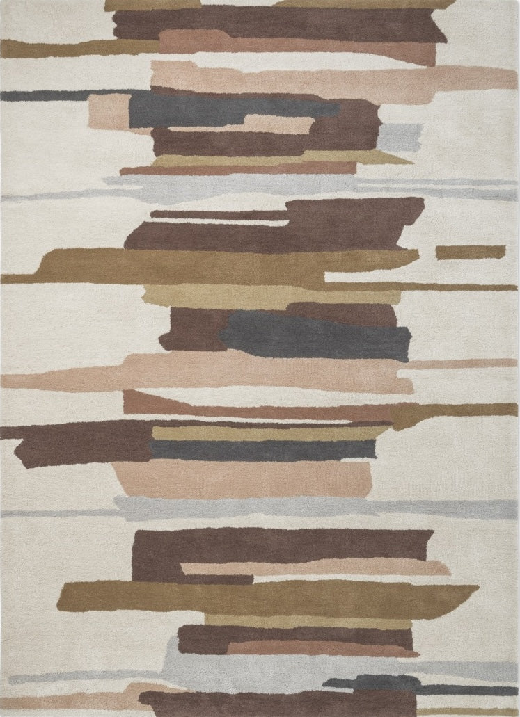 Tapis Harlequin Zeal Taupe ivoire aux coups de pinceau bruns et rose poudré, vue de dessus