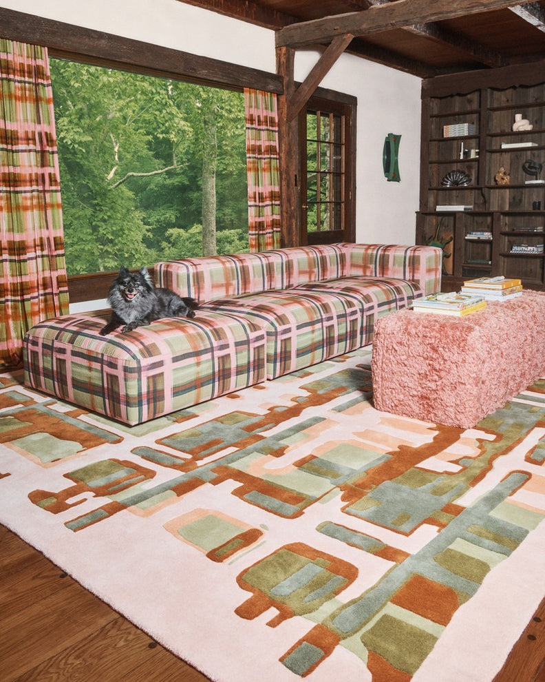 Layered x Collina Strada Plaid Garden Pop wool rug, in a living room
