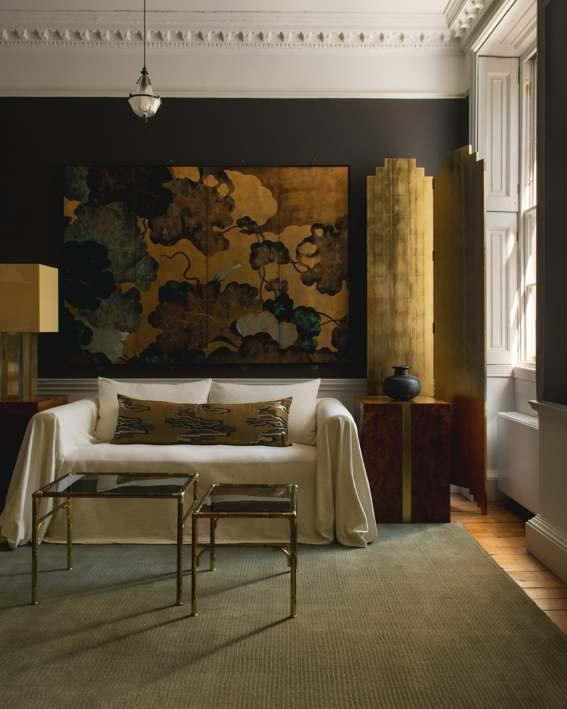Layered Drift Wool Olive olive green wool rug, in a living room
