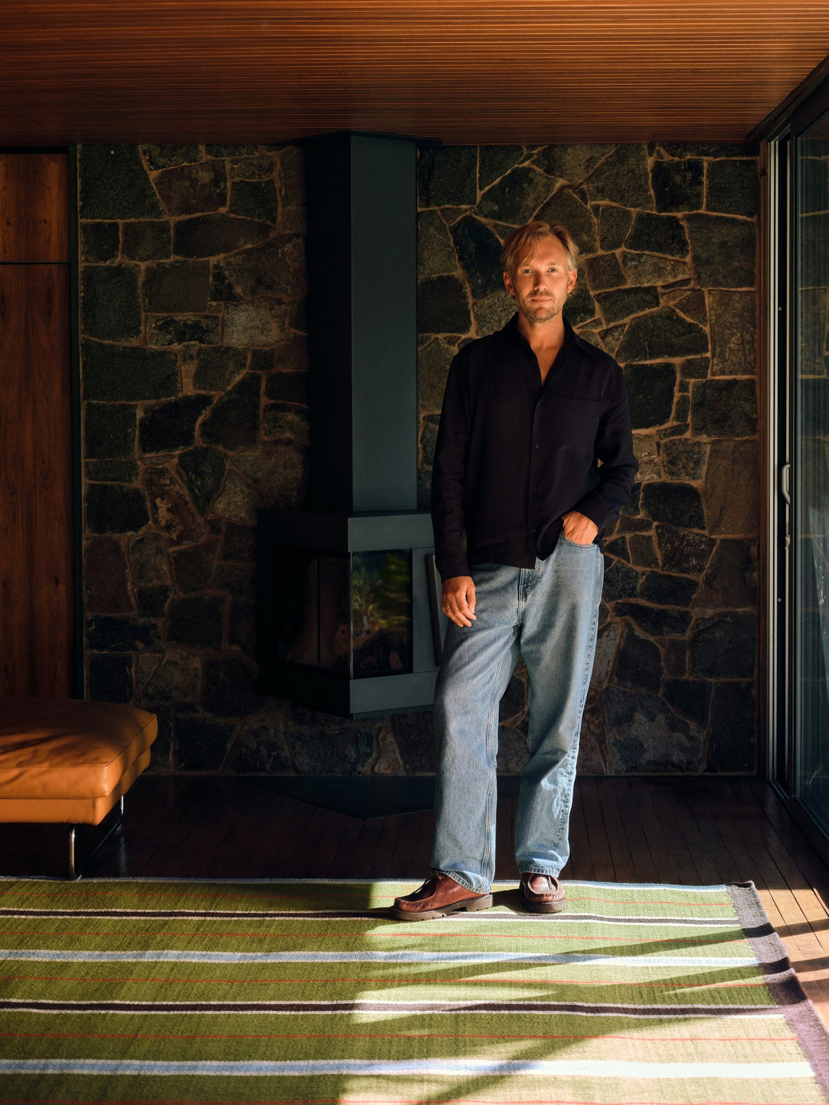 Layered x Tom Morris Racer Stripe Cooper Green flatweave wool rug, with designer Tom Morris