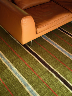 Layered x Tom Morris Racer Stripe Cooper Green flatweave wool rug, detail of the flat weave