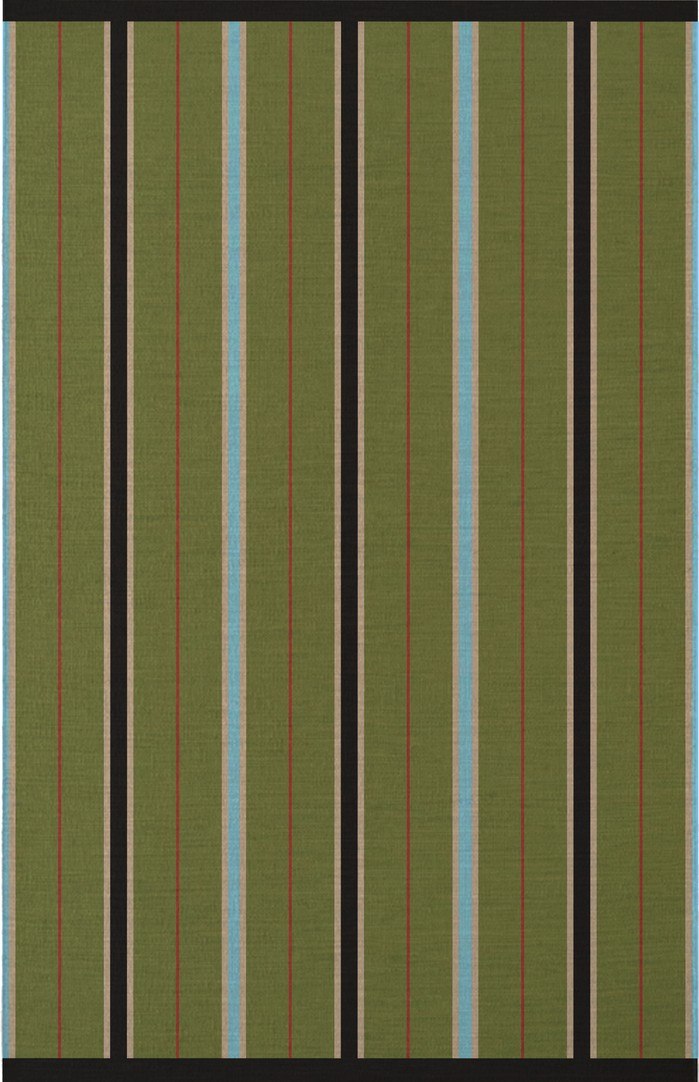 Layered x Tom Morris Racer Stripe Cooper Green flatweave wool rug, top view