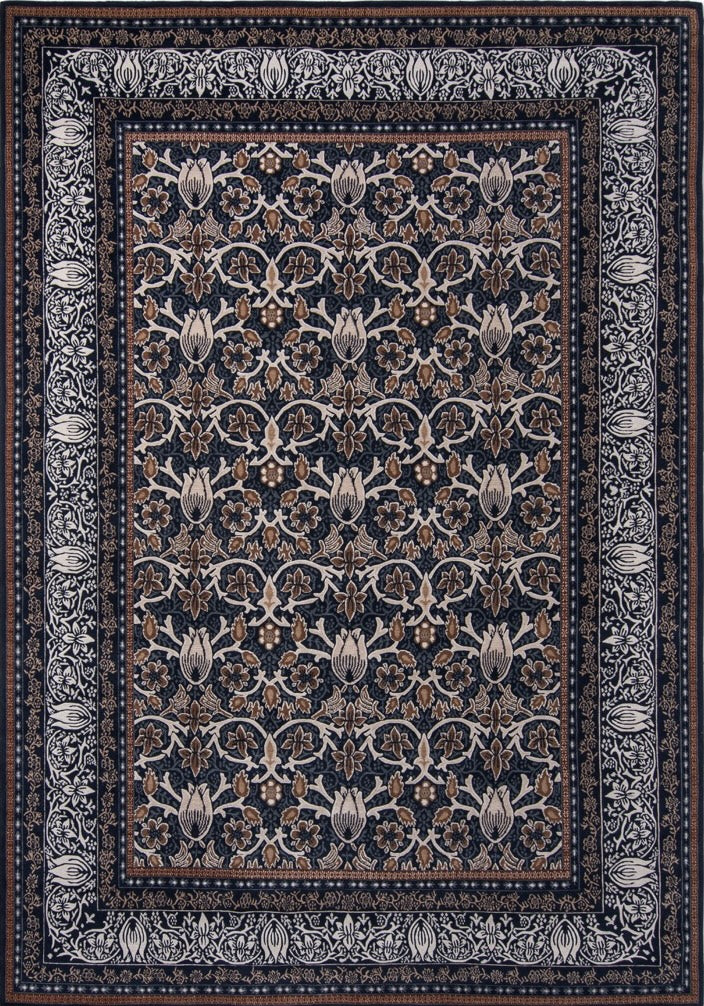 Morris & Co Borage Blue rug in indigo, ivory and caramel, top view