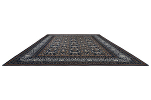 Morris & Co Borage Blue rug in indigo, ivory and caramel, perspective view