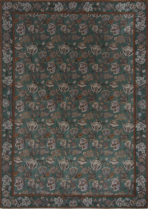 Morris & Co Theodosia Bottle Green rug in bottle green with caramel and ivory flowers, top view