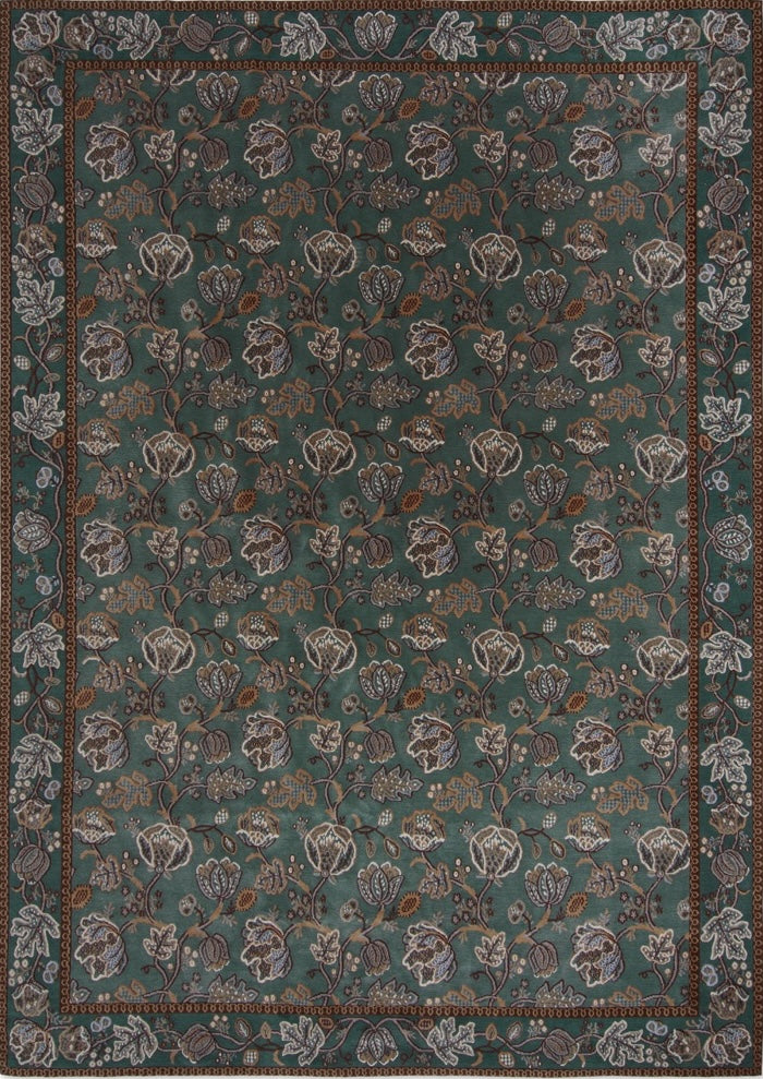 Morris & Co Theodosia Bottle Green rug in bottle green with caramel and ivory flowers, top view