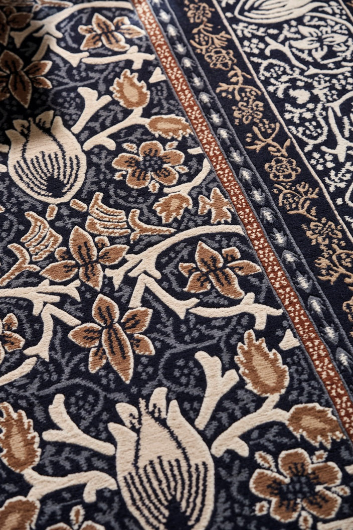 Morris & Co Borage Blue rug in indigo, ivory and caramel, shown in an interior, fourth view
