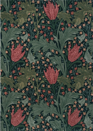 Morris & Co Lent Lily Indigo Madder rug in indigo with madder red tulips and sage leaves, top view