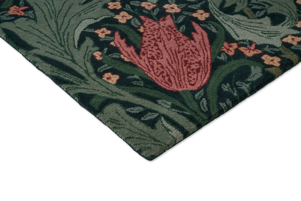 Morris & Co Lent Lily Indigo Madder rug, detail of corner and pile