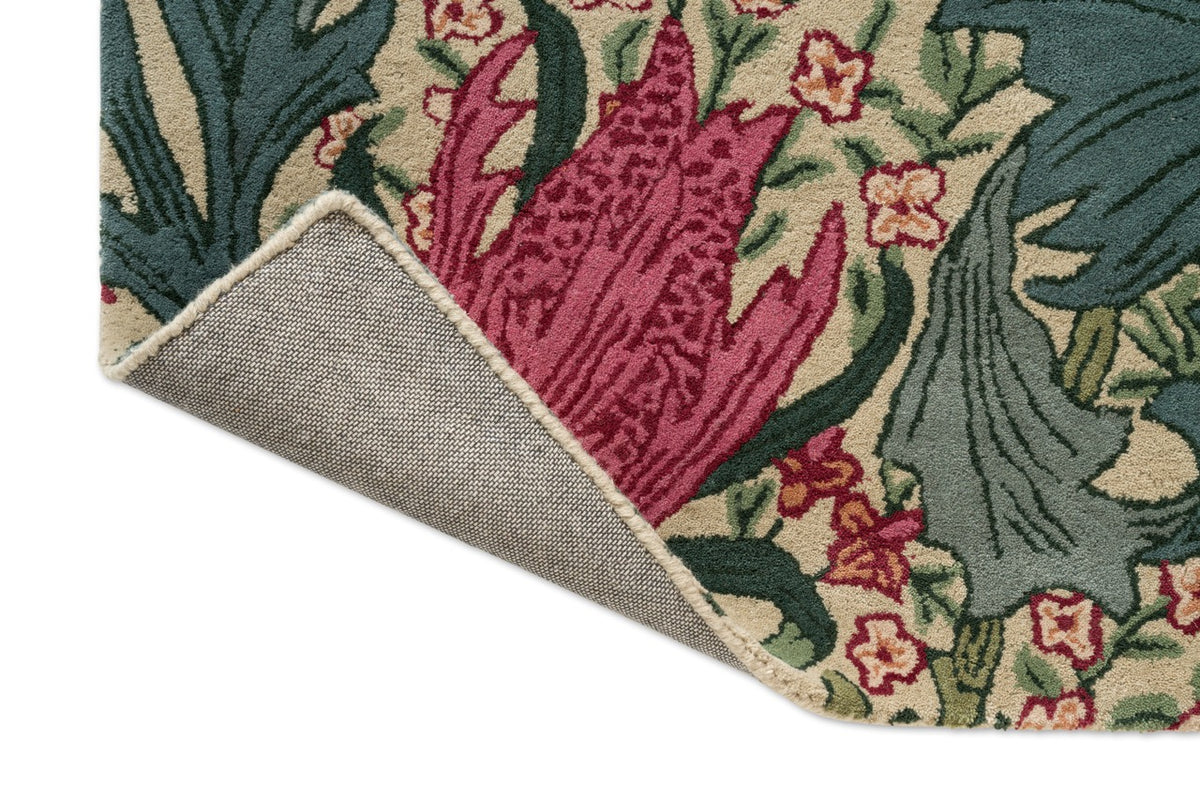 Morris & Co Lent Lily Plum Bayleaf rug, detail of folded corner and backing
