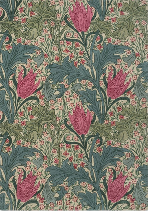 Morris & Co Lent Lily Plum Bayleaf rug in cream with plum tulips and bay green leaves, top view