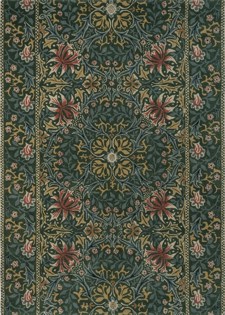 Morris & Co Walthamstow Forest Teal rug in forest green, teal and old gold, top view