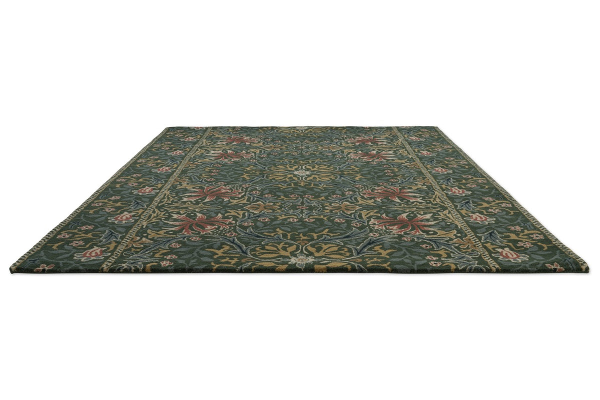 Morris & Co Walthamstow Forest Teal rug in forest green, teal and old gold, perspective view