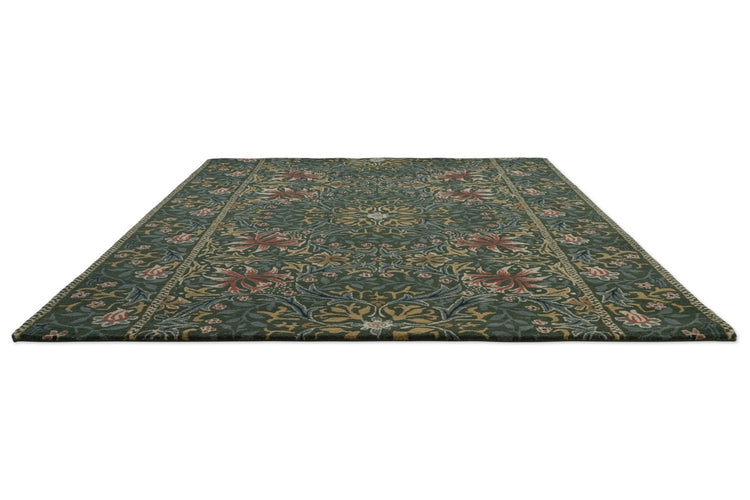 Morris & Co Walthamstow Forest Teal rug in forest green, teal and old gold, perspective view