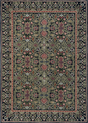 Morris & Co Wilton Weave Indigo rug in indigo, olive green and rose, top view