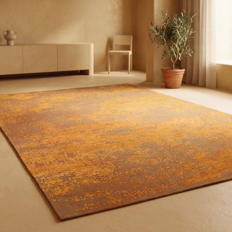 Tapis Acsento Laguna Melon orange safran et melon sur caramel, dans un intérieur